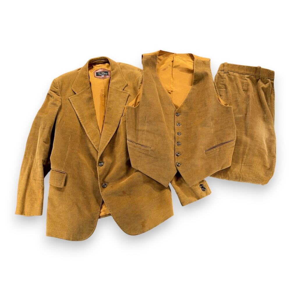 Vintage Cortefiel Suit Mens 46 42x32 Pants Brown Corduroy Vest 3pc Spain 70s